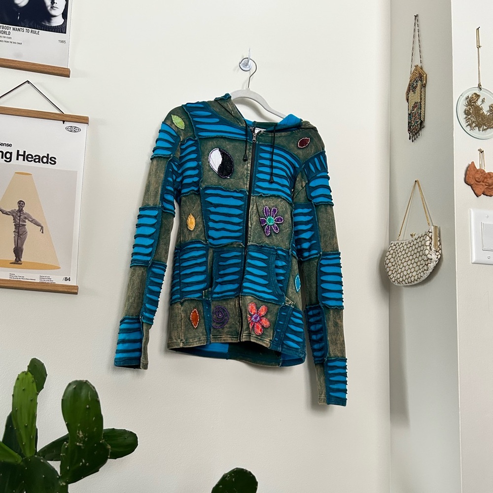 Hippie patchwork hoodie jacket sweater fair trade clothing razor cut sweater